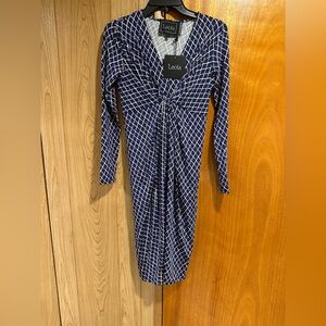 Leota Blue and White Ruched Sheath Dress